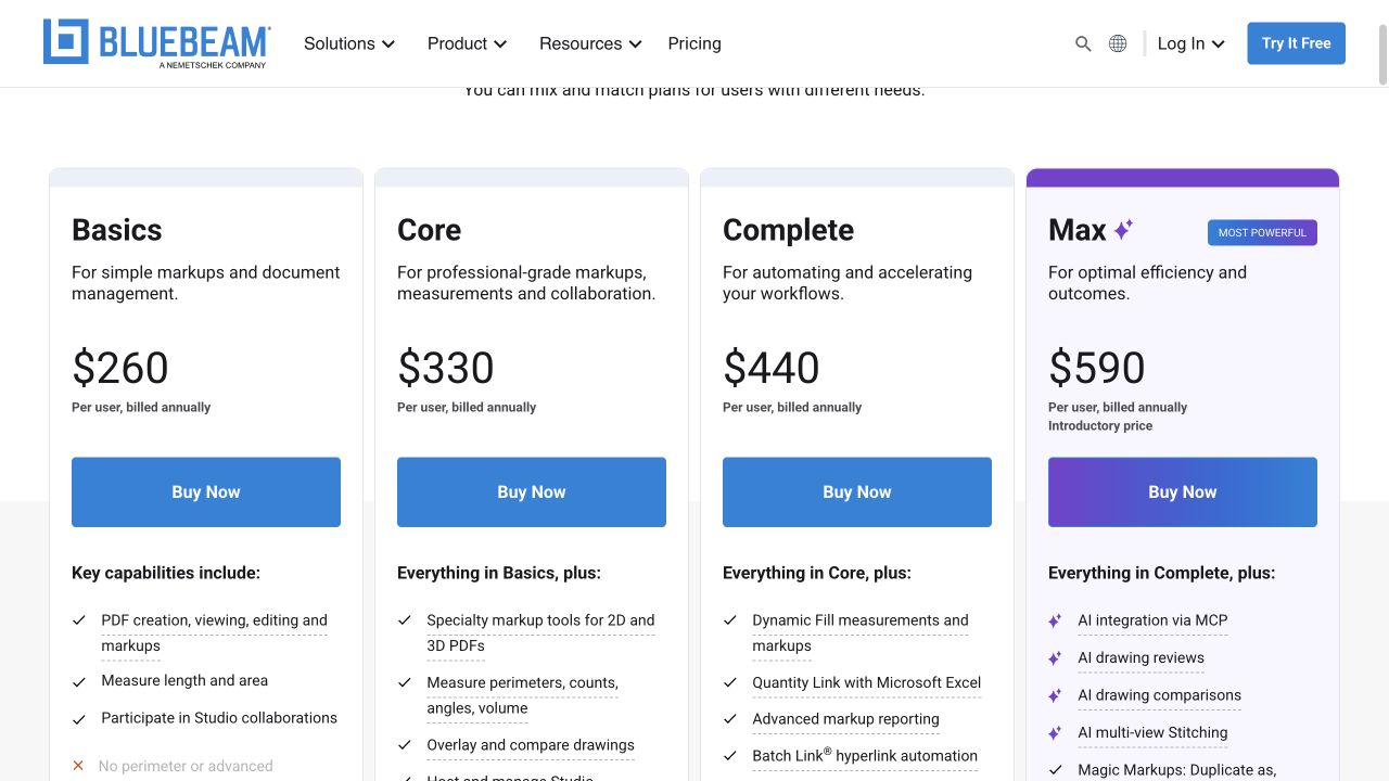 Bluebeam official pricing page showing Basics, Core, Complete, and Max annual subscriptions