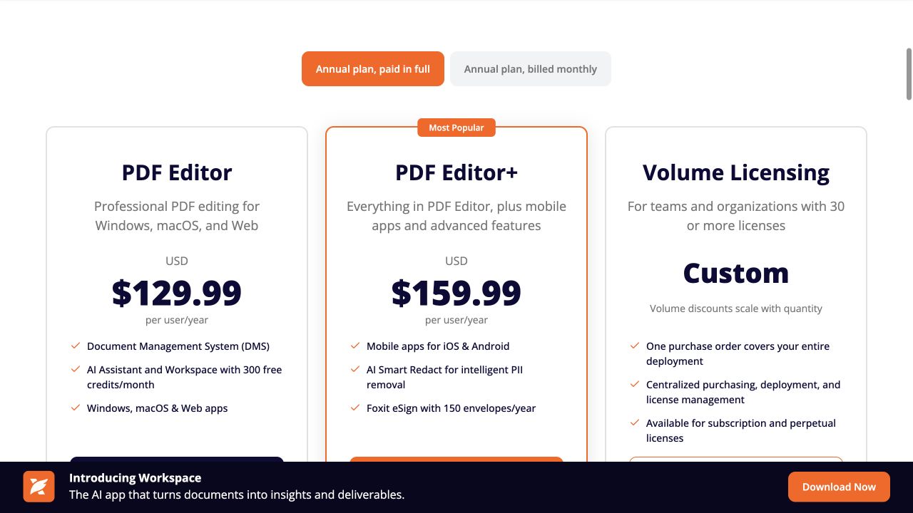 Foxit official annual pricing showing PDF Editor at 129.99 dollars and PDF Editor Plus at 159.99 dollars