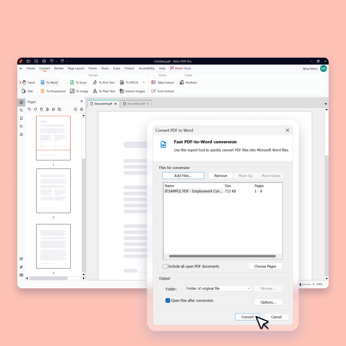 Nitro vendor screenshot showing the PDF-to-Word conversion dialog and Office-style ribbon