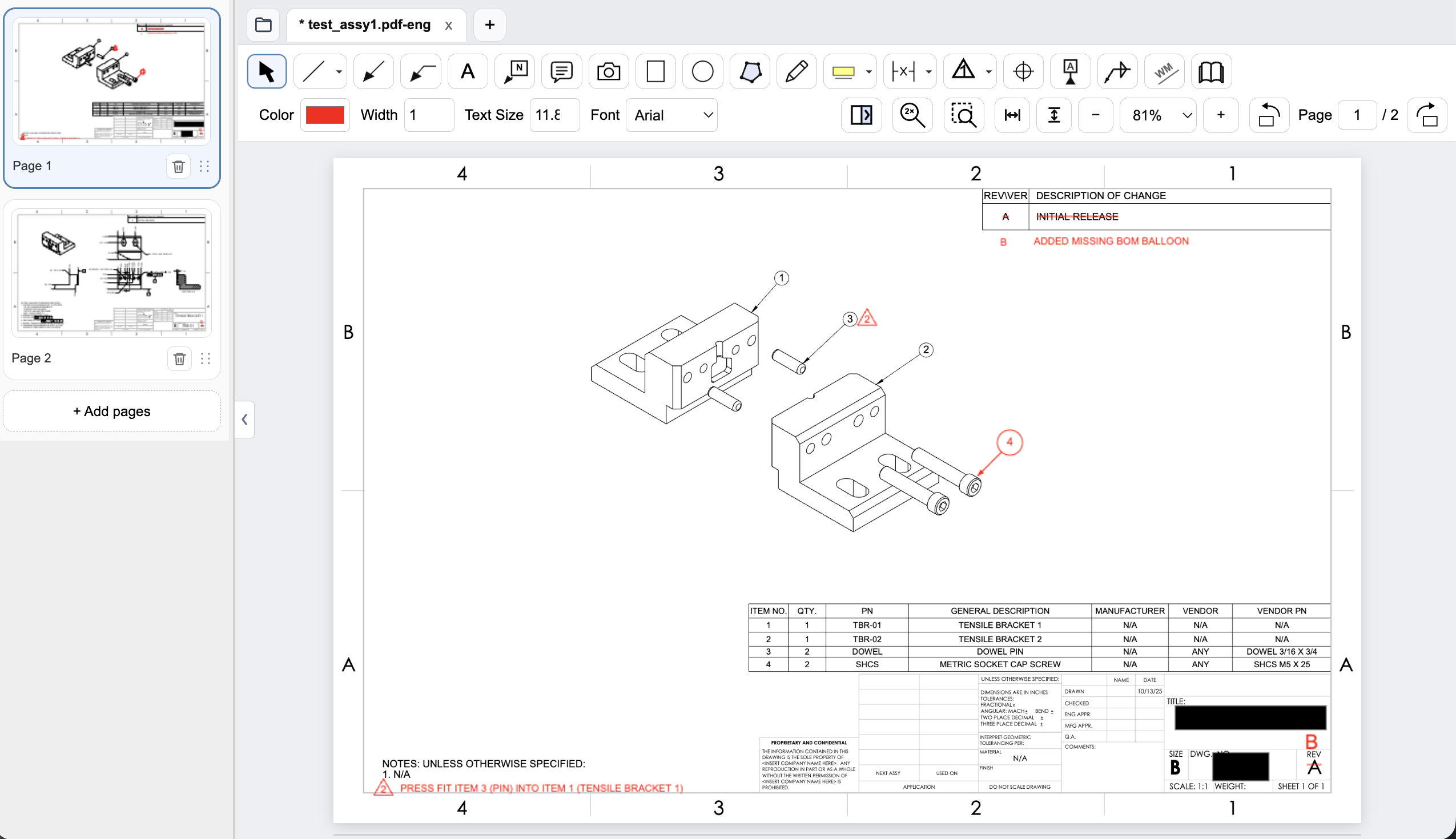 PDF Engineer reviewing an exploded bracket assembly with a red item 4 BOM balloon, flag note 2 beside the dowel pin, a parts list, and a red press-fit instruction