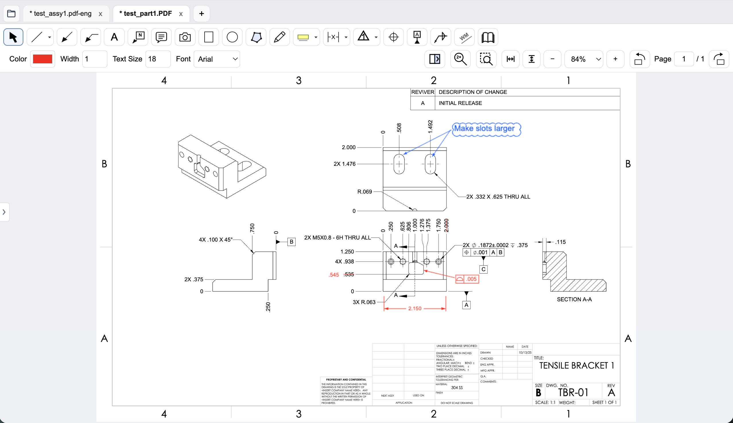 PDF Engineer app with its mechanical markup toolbar and a bracket drawing showing dimension corrections, a profile feature control frame, and a leader note asking for larger slots