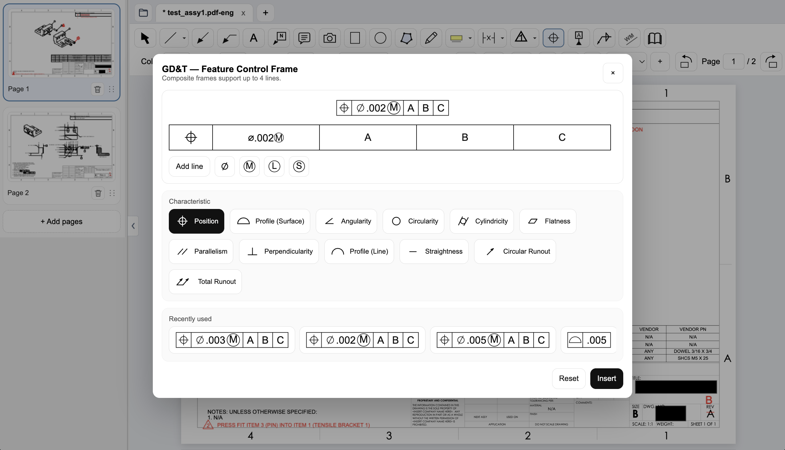 PDF Engineer GD&T feature control frame editor showing position, diameter .002 at maximum material condition, datum references A B C, characteristic buttons, and recently used frames